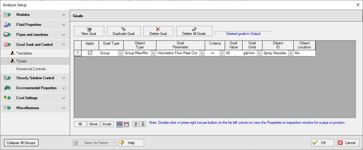 Minimum Flow Rate Group Goal defined on the Goals panel of the Goal Seek and Control Manager window.